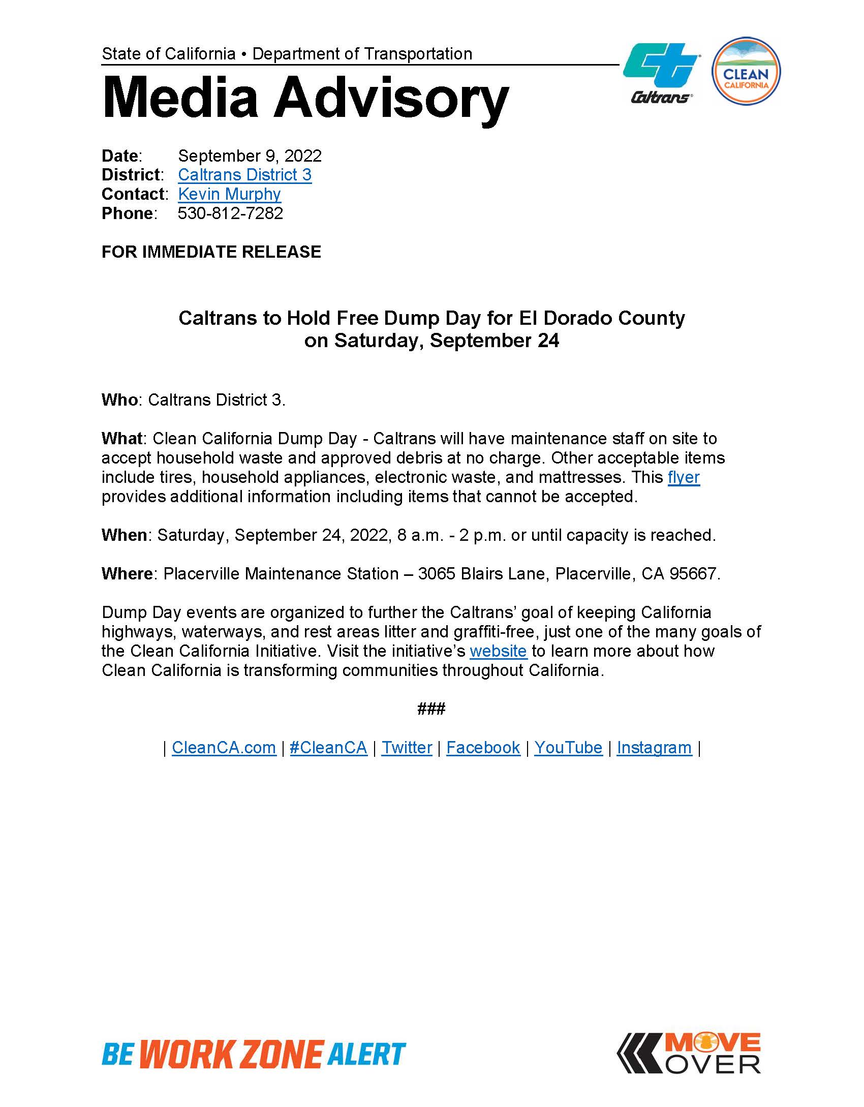 City Of Placerville California Dump Day   Media Advisory   Caltrans To Hold Free Dump Day For El Dorado County On September 24 